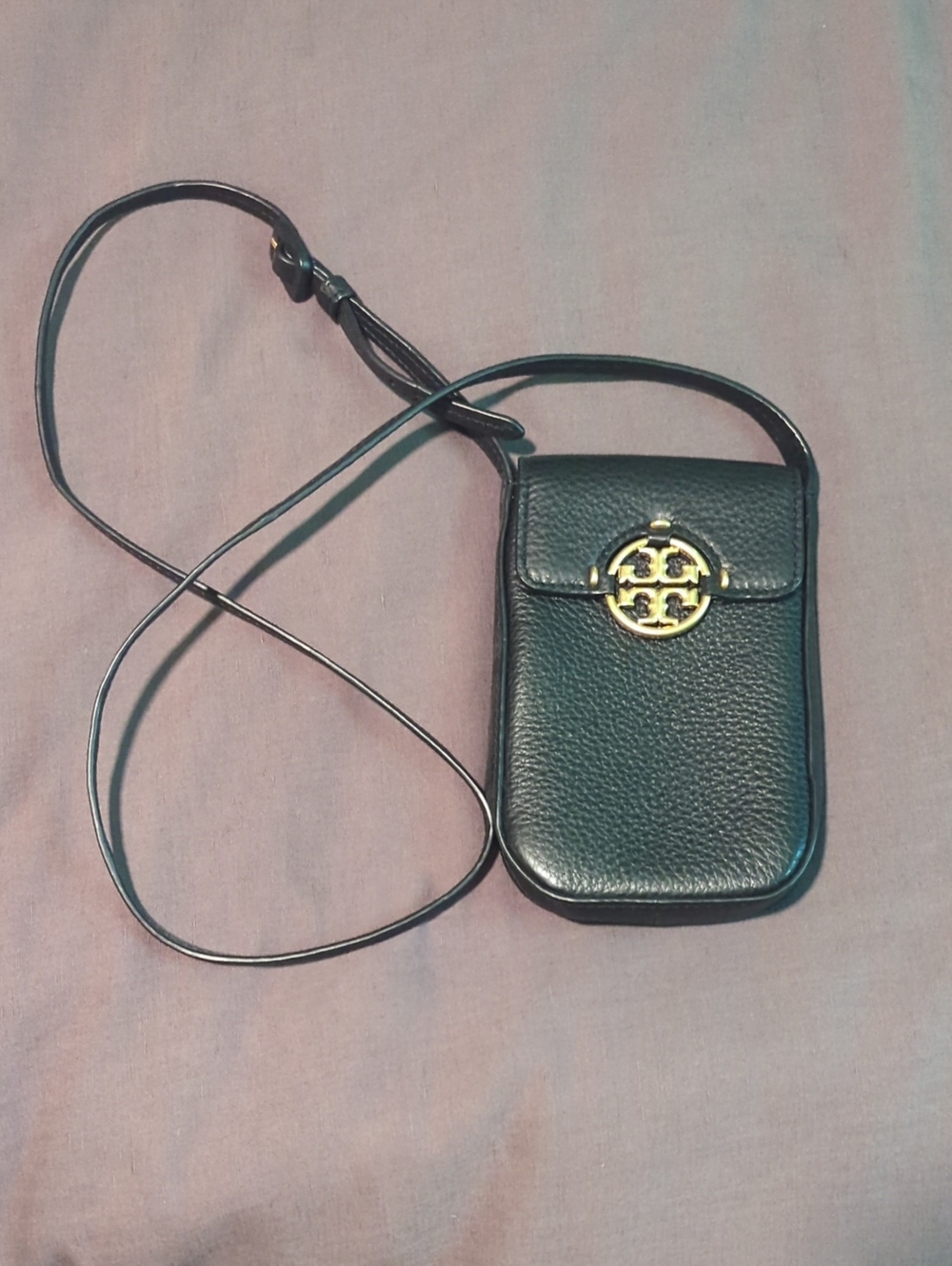 Tory Burch Black Pebbled Leather Crossbody Phone Pouch with Gold Logo